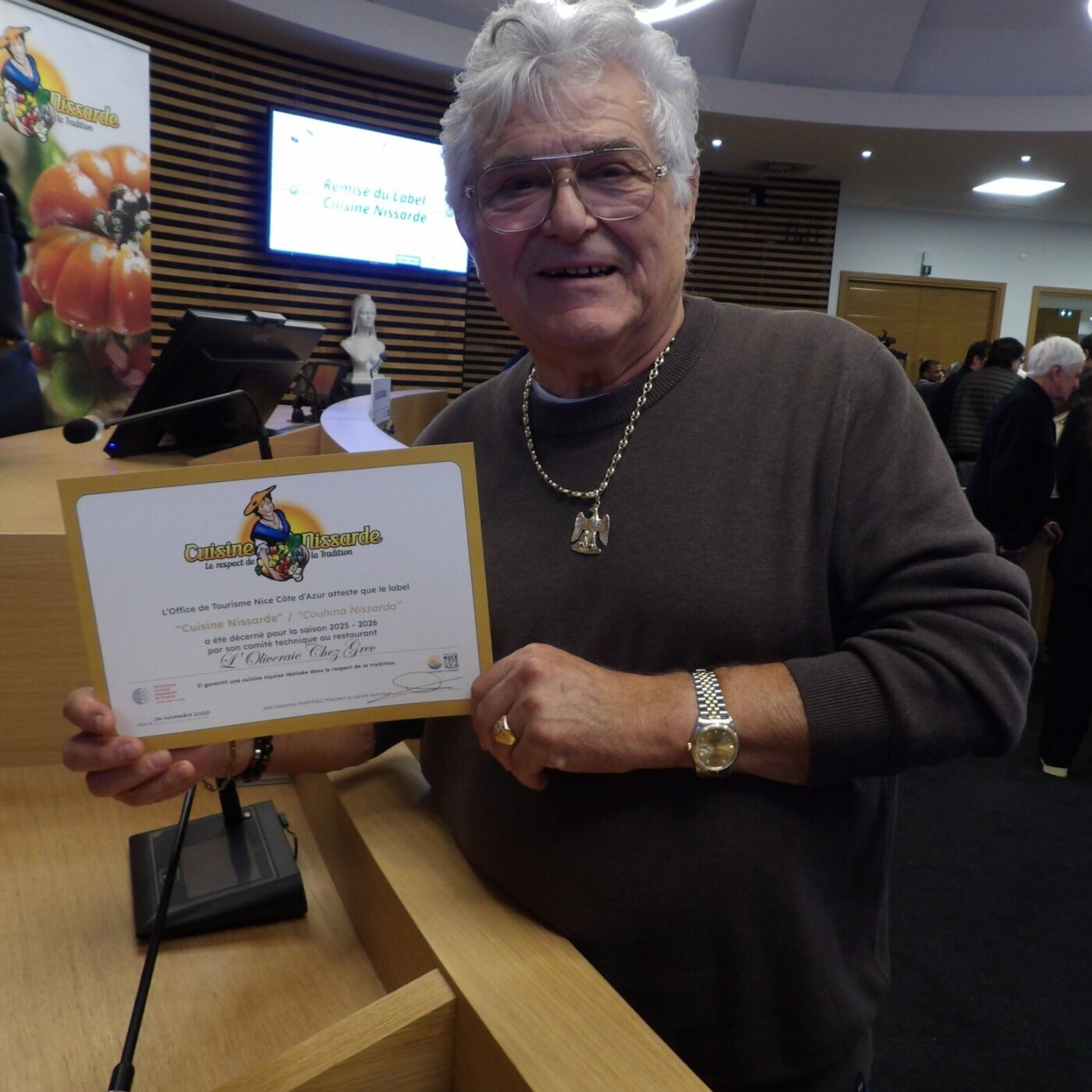 Dede Giauffret dau restaurant L'Oliveraie chez Grec labelizat "Cuisine Nissarde"